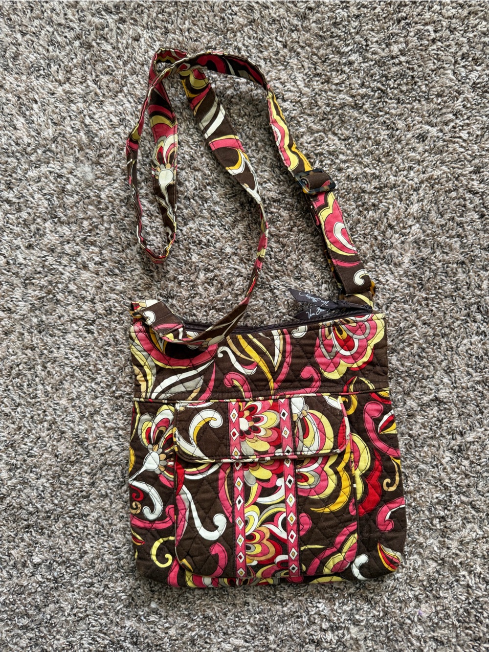 Vera Bradley Brown Crossbody Bag with Pink & Yellow Floral Swirls